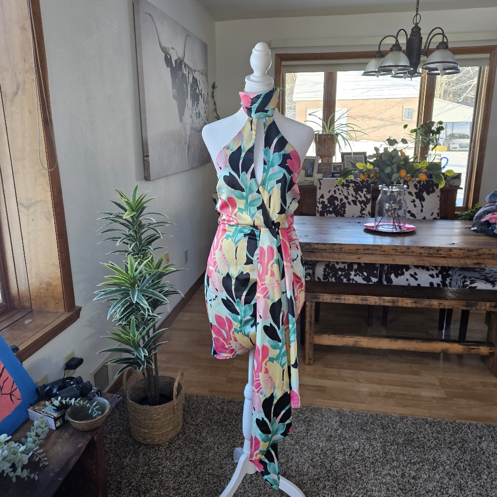 Rosevelvet Tropical Halter Mini Dress With Drape Size S - Picture 12 of 12